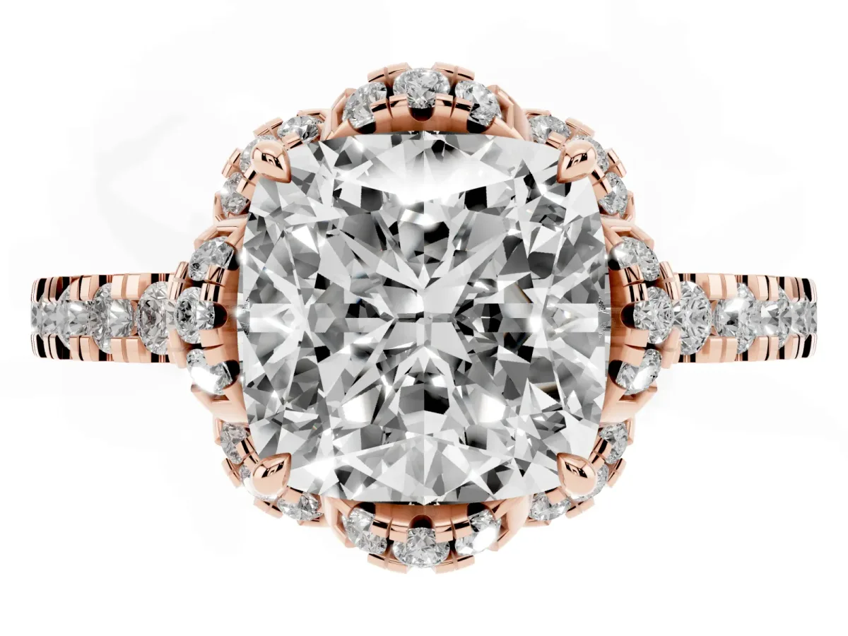 Cushion Cut Diamond Halo Pave Band with Four-Prong Setting Rose gold