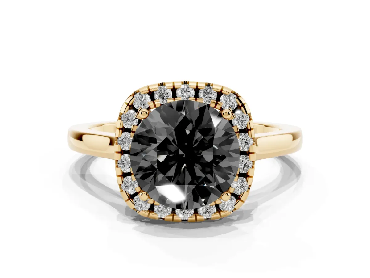 Fancy Black Round Cut Halo Round Diamond Solitaire Ring with Pavé Band and Four-Prong Setting Yellow gold