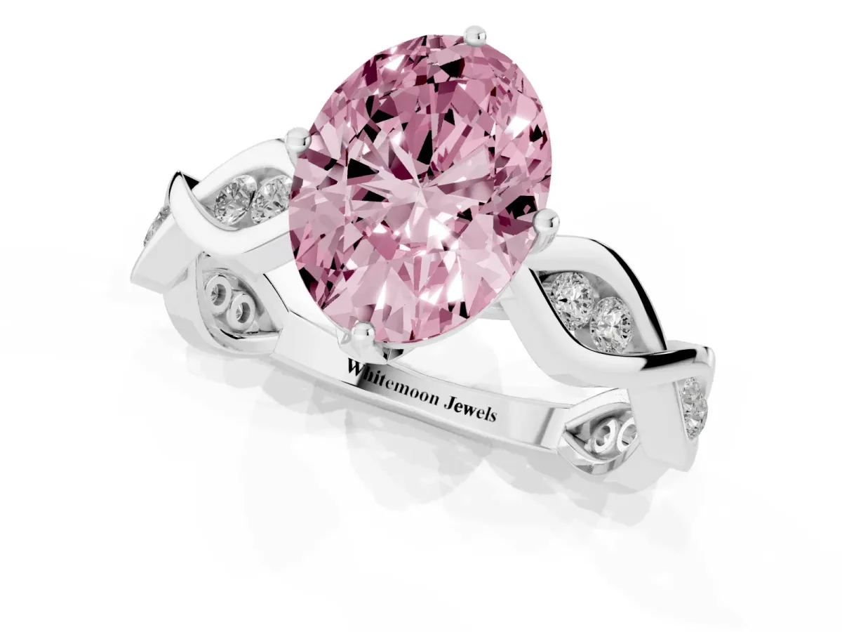 Fancy Pink Oval Cut Solitaire Twist Band with Leaf Prong Setting Silver
