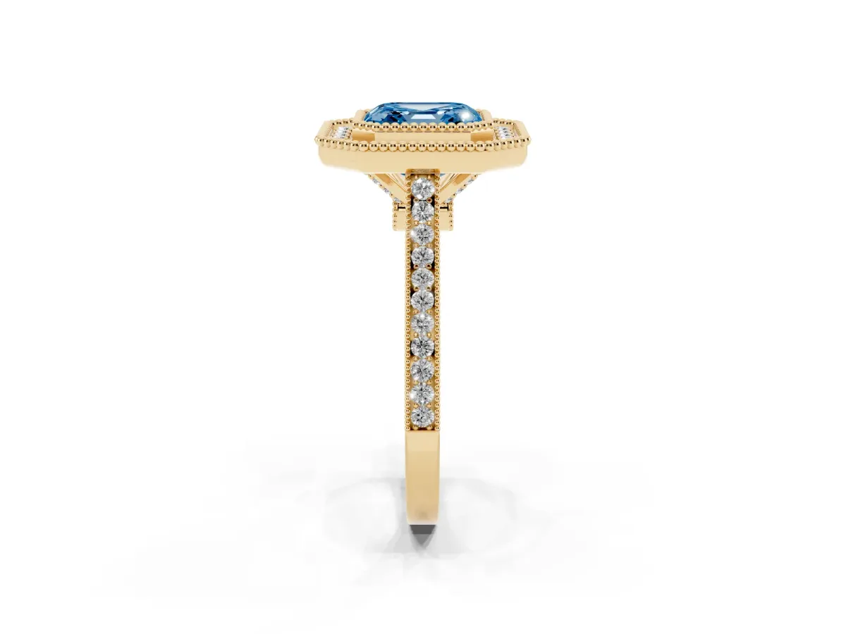 Fancy Blue Asscher Cut Diamond Halo Ring with Milgrain Frame and Pavé Band Yellow gold