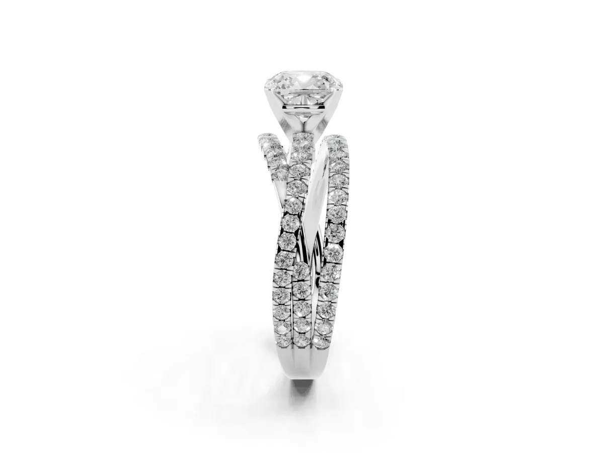 Cushion Cut Solitaire Twist Band with Pavé Setting and Four-Prong Setting Silver