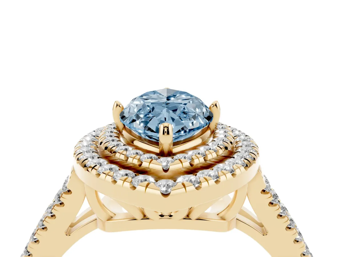 Fancy Blue Marquise Cut Diamond Double Halo Ring with Pavé Band and Prong Setting Yellow gold