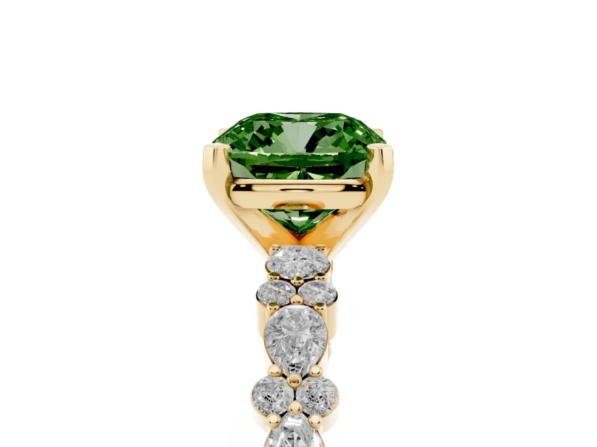 Fancy Green Cushion Cut Diamond Side Stone Solitaire Ring with Round and Four-Prong Setting Yellow gold