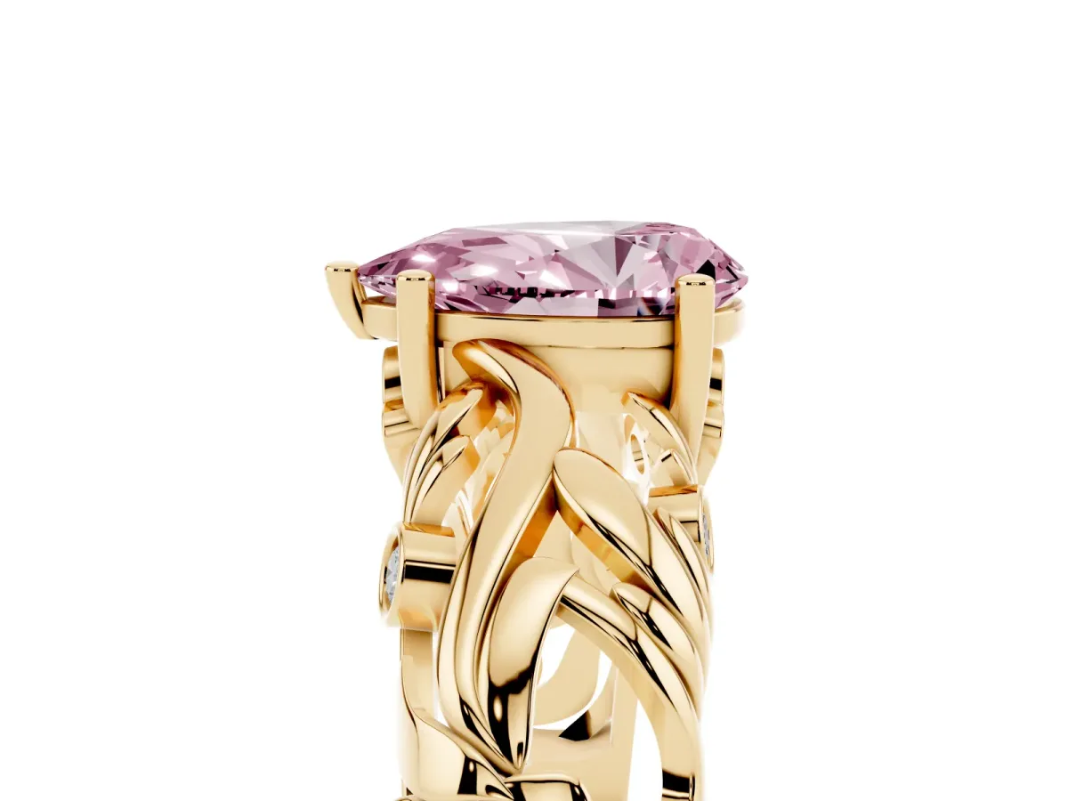 Fancy Pink Pear Cut Solitaire Diamond Leaf-Inspired Vine Band Ring with Prong Setting Yellow gold