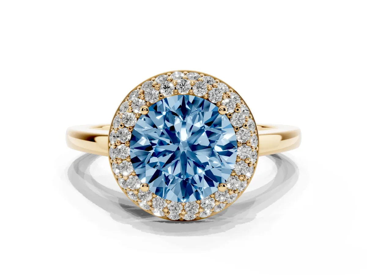 Fancy Blue Round Cut Halo Diamond Engagement Ring with Solitaire Band and Four-Prong Setting Yellow gold