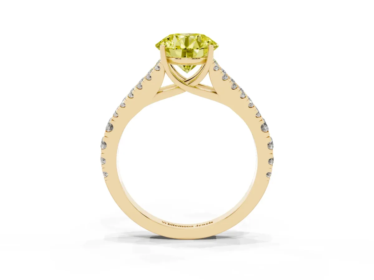 Fancy Yellow Round Cut Diamond Split Shank Engagement Ring with Round Pavé and Prong Setting Yellow gold