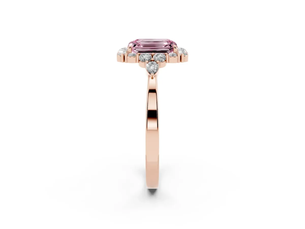 Fancy Pink Emerald Cut Diamond Halo Ring with Pear Side Stones and Prong Setting Rose gold
