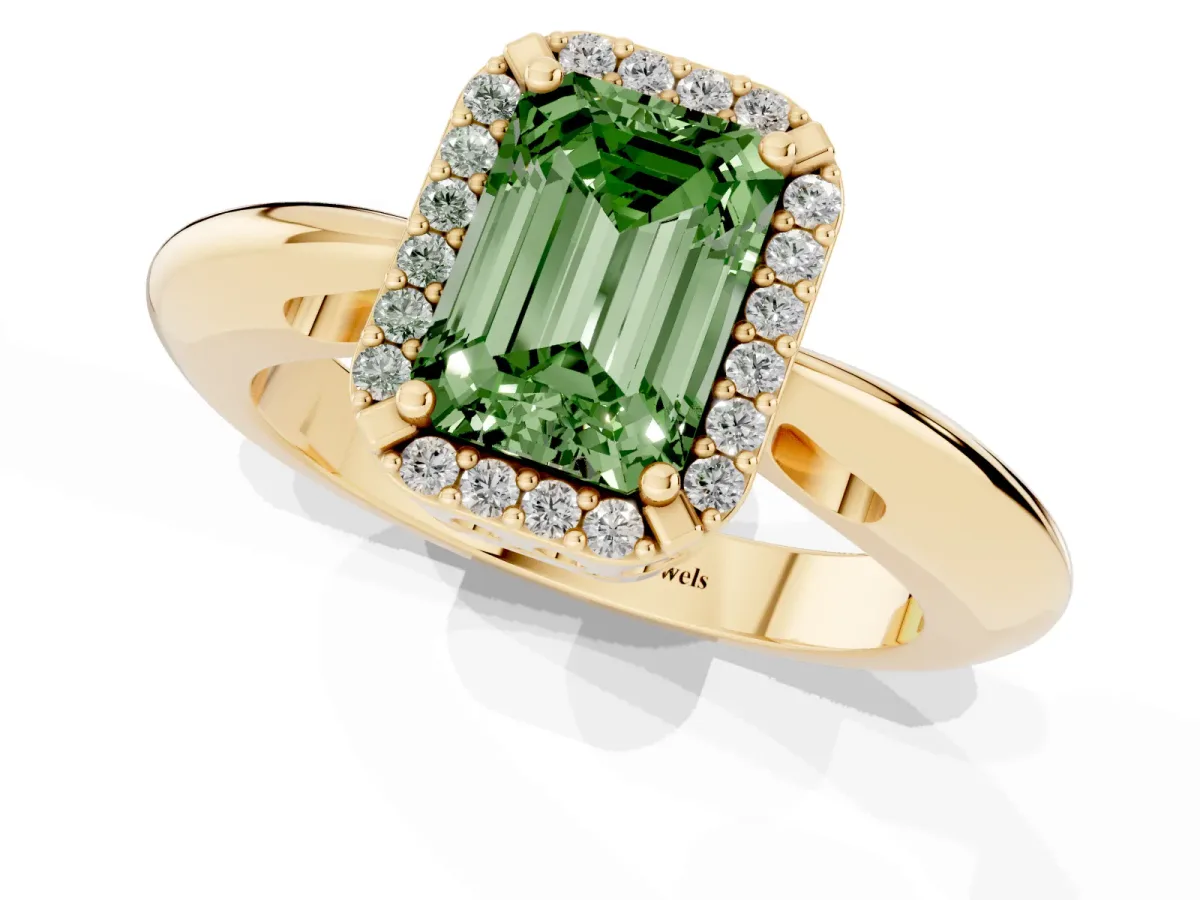 Fancy Green Emerald Cut Cut Diamond Halo Engagement Ring with Split Shank and Four-Prong Setting Yellow gold