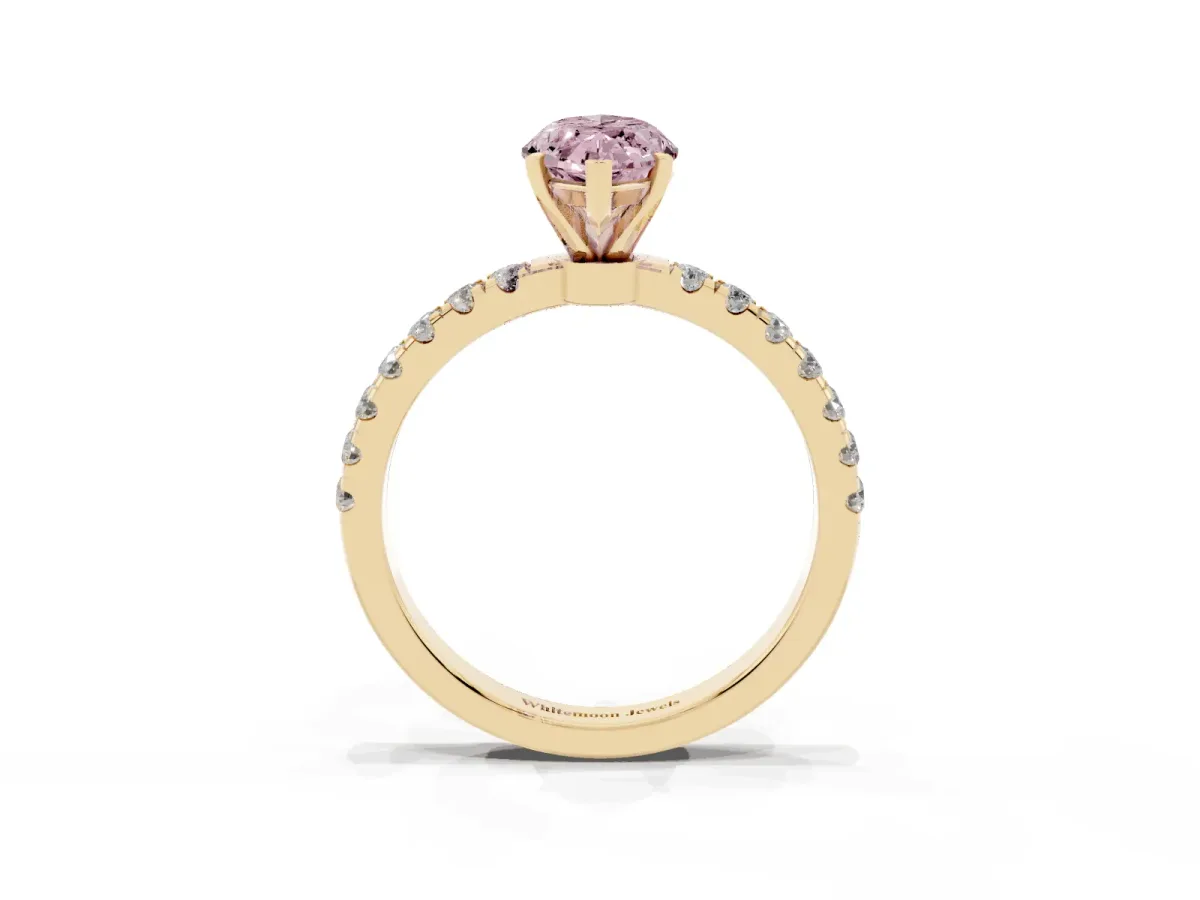 Fancy Pink Marquise Cut Diamond Solitaire Ring with Pavé Accents and Four-Prong Setting Yellow gold