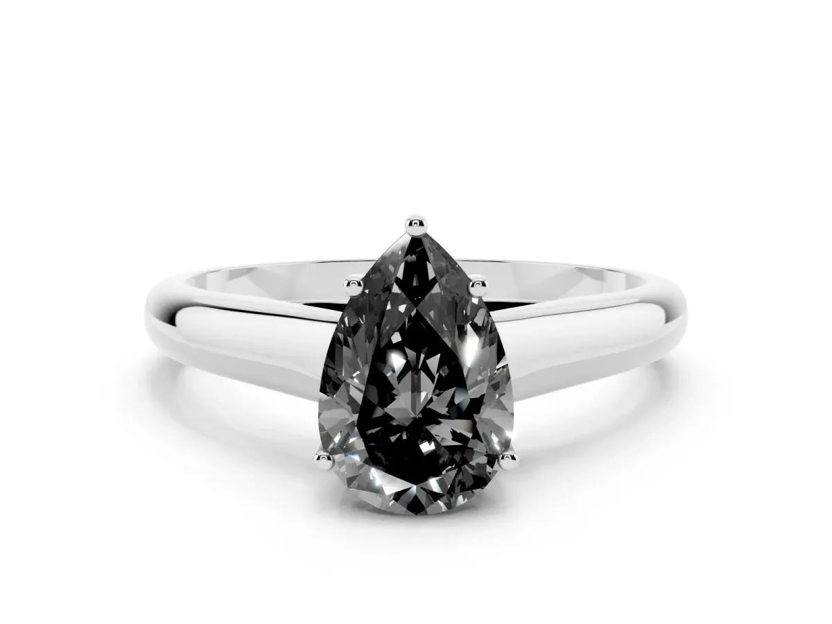 Fancy Black Pear Cut Solitaire Engagement Ring with Tapered Band and Four-Prong Setting Silver
