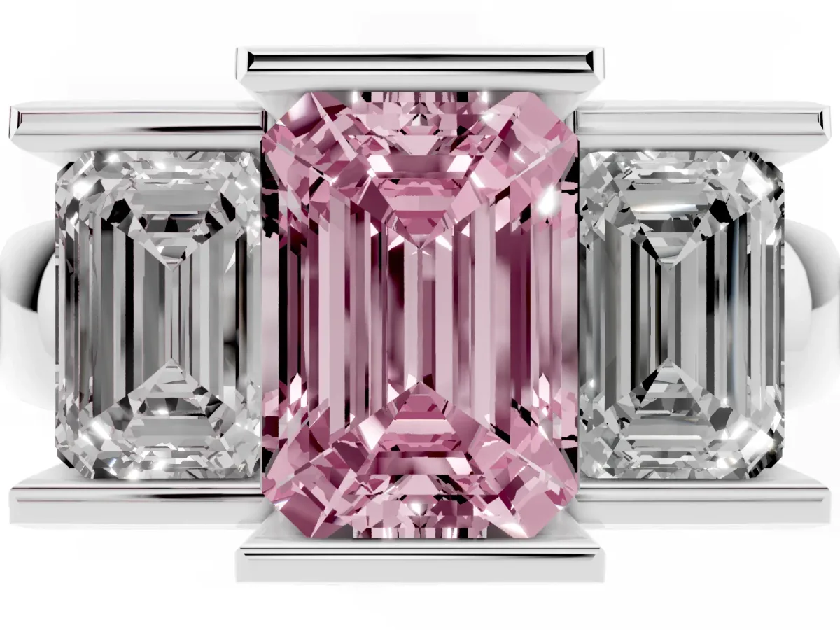 Fancy Pink Three Stone Emerald Cut Cut Channel Set Diamond Ring Platinum