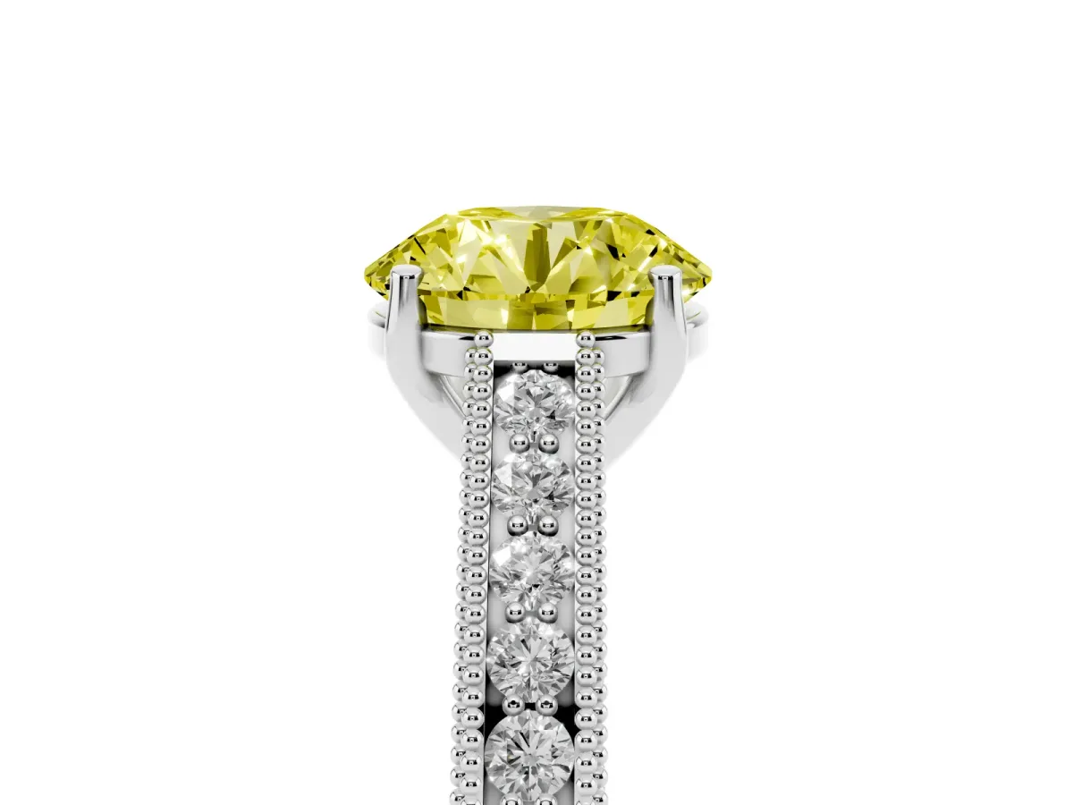 Fancy Yellow Round Cut Cut Pave Band Milgrain Solitaire Ring White gold