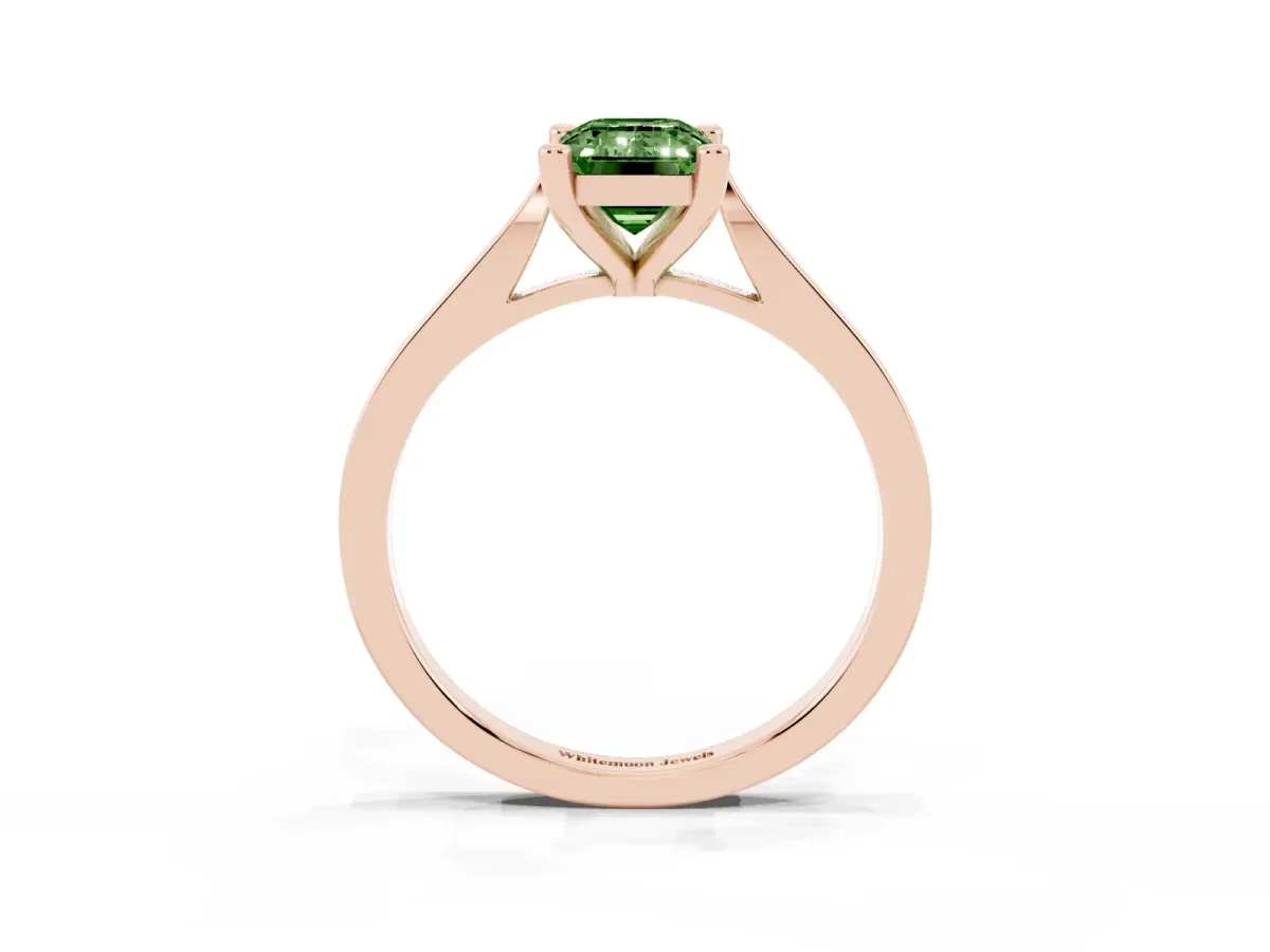 Fancy Green Emerald Cut Solitaire Diamond Ring with Four-Prong Setting and Tapered Band Rose gold