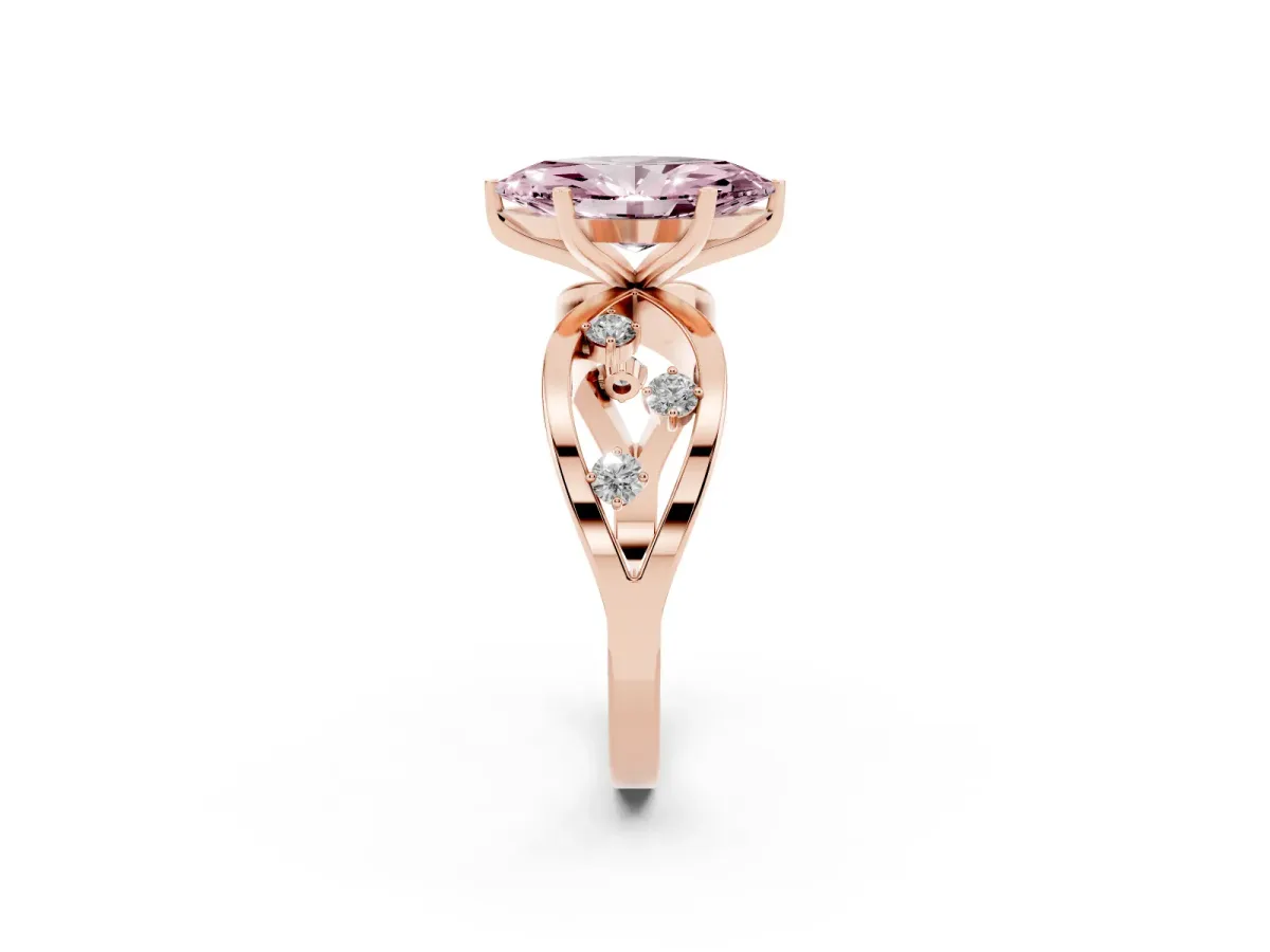 Fancy Pink Marquise Cut Cut Solitaire Diamond with Side Stones on Criss-Cross Band and Four-Prong Setting Rose gold