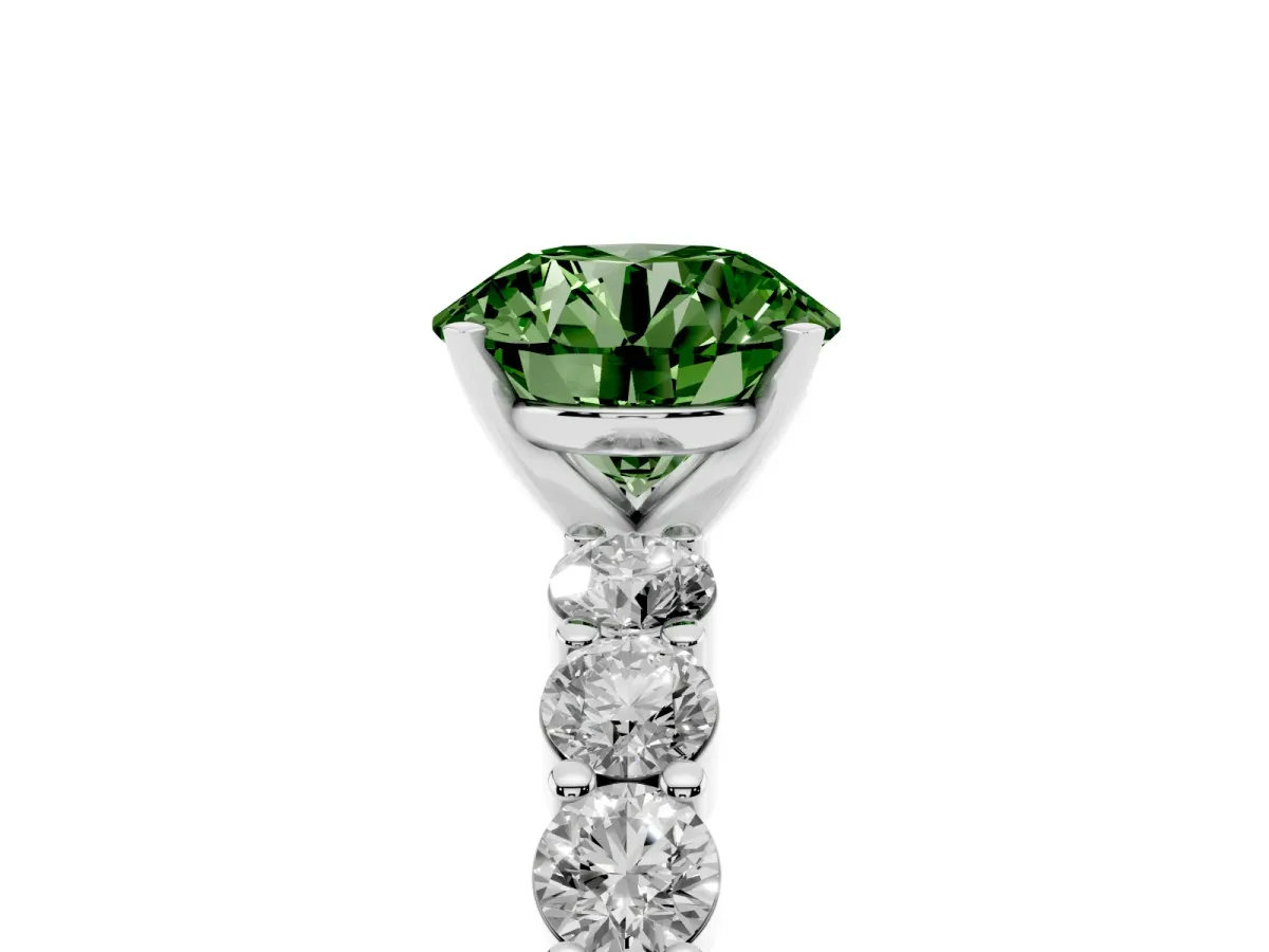 Fancy Green Round Cut Diamond Solitaire Ring with Shared Prong Round Side Stones Silver