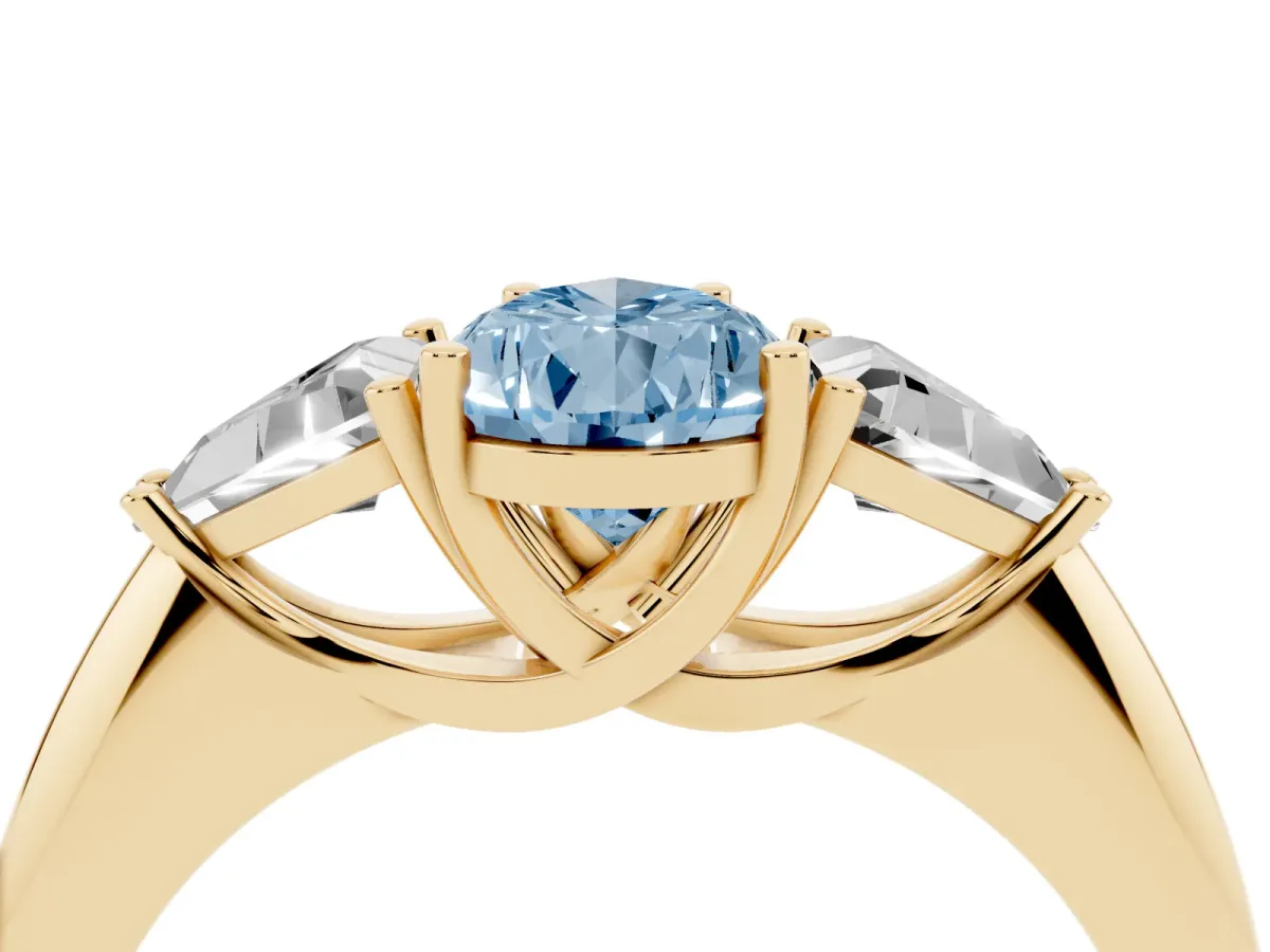 Fancy Blue Three-Stone Pear Cut Diamond Engagement Ring with Trillion Side Stones and Prong Setting Yellow gold