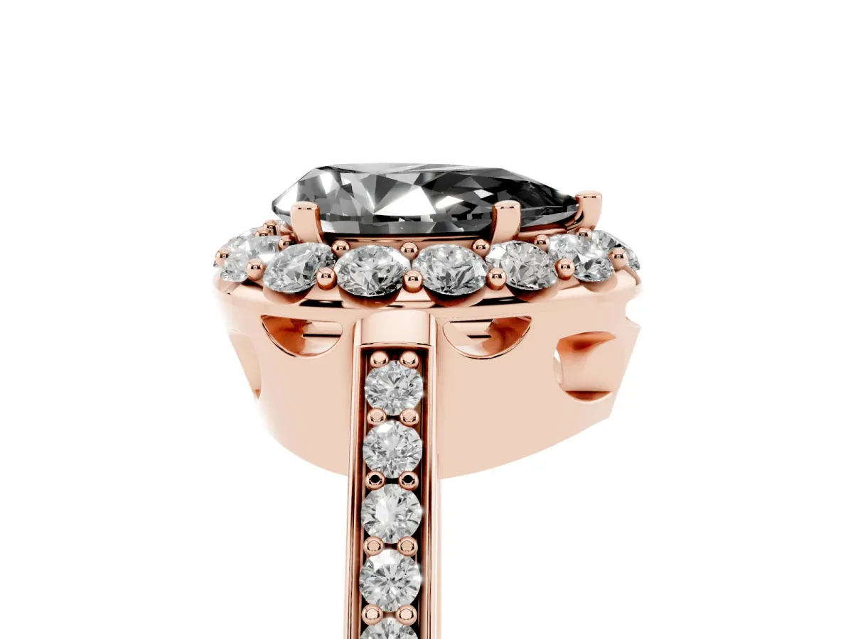 Fancy Black Pear Cut Diamond Floral Halo Ring with Pavé Band and Prong Setting Rose gold