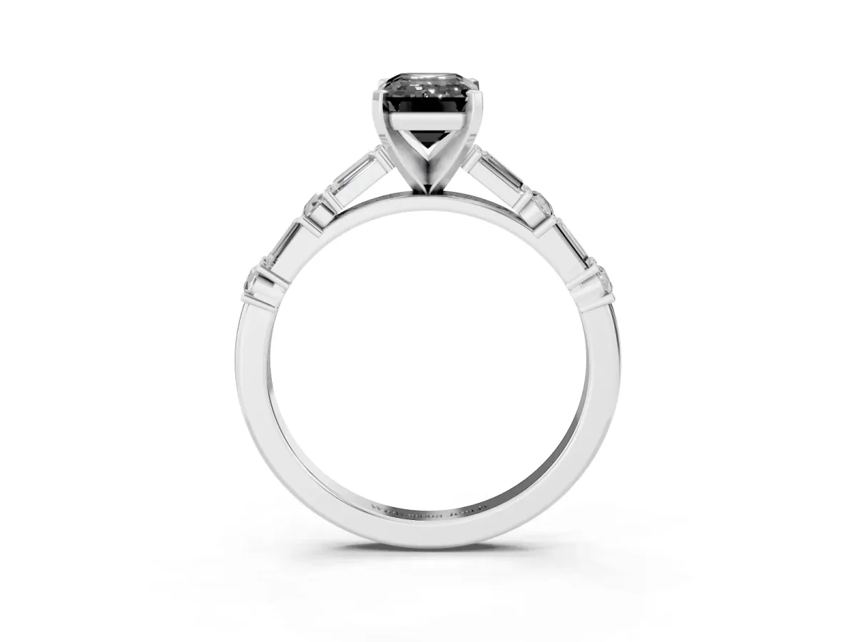 Fancy Black Emerald Cut Diamond Solitaire with Side Baguettes and Channel Set Band Silver