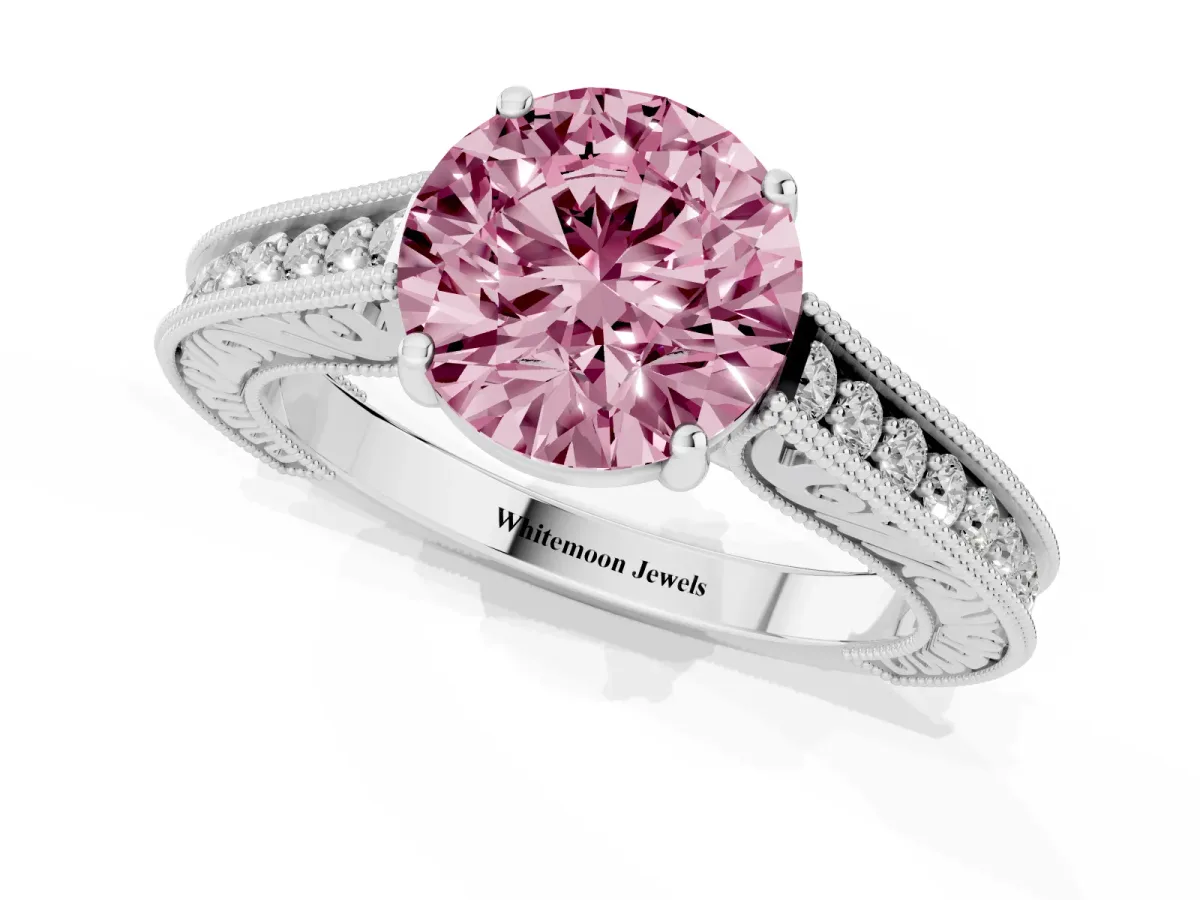 Fancy Pink Round Cut Cut Pave Band Milgrain Solitaire Ring Silver