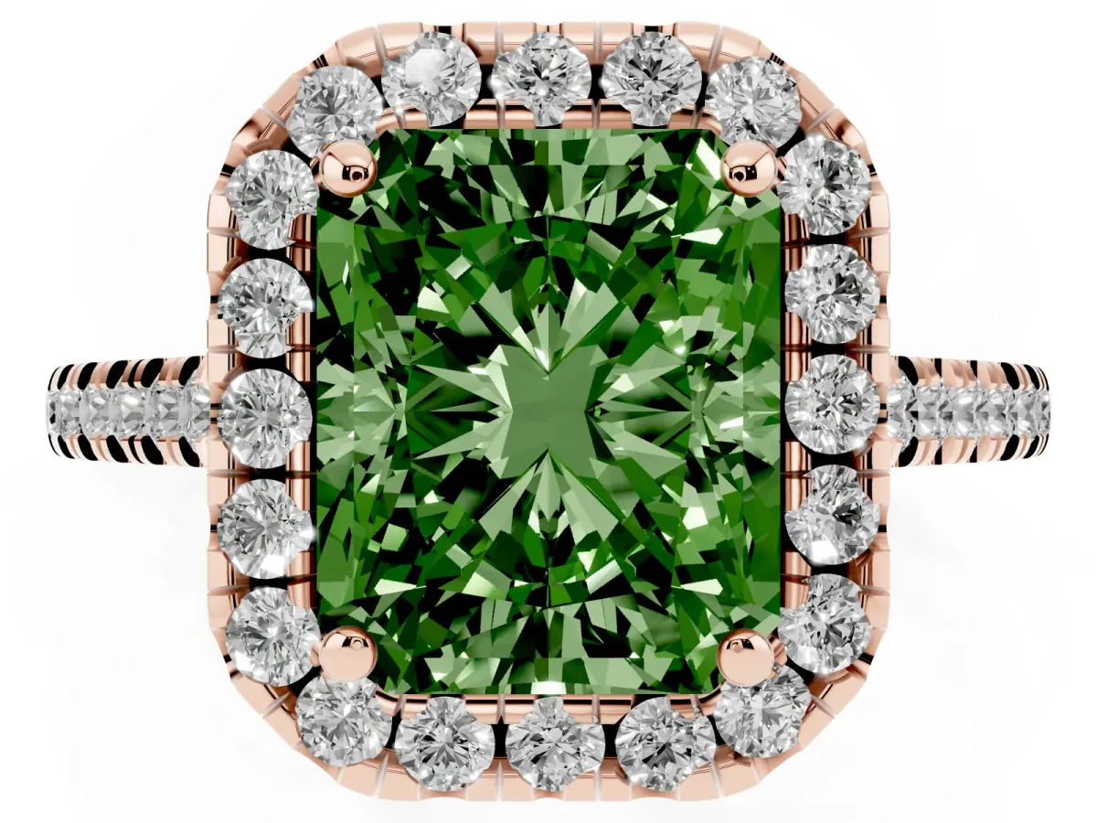 Fancy Green Radiant Cut Diamond Cushion Halo Ring with Pavé Band Rose gold