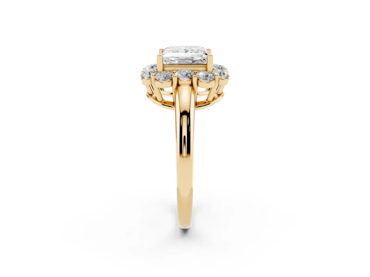 Princess Cut Halo Milgrain Solitaire with Bezel Set Side Stones and Pave Band Yellow gold