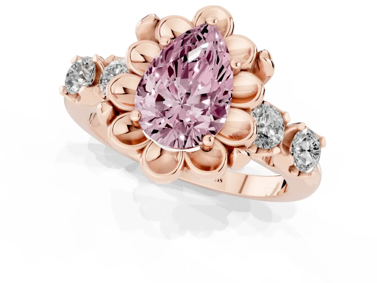 Fancy Pink Pear Cut Cut Diamond Floral Halo Engagement Ring with Shared Prong Setting Rose gold