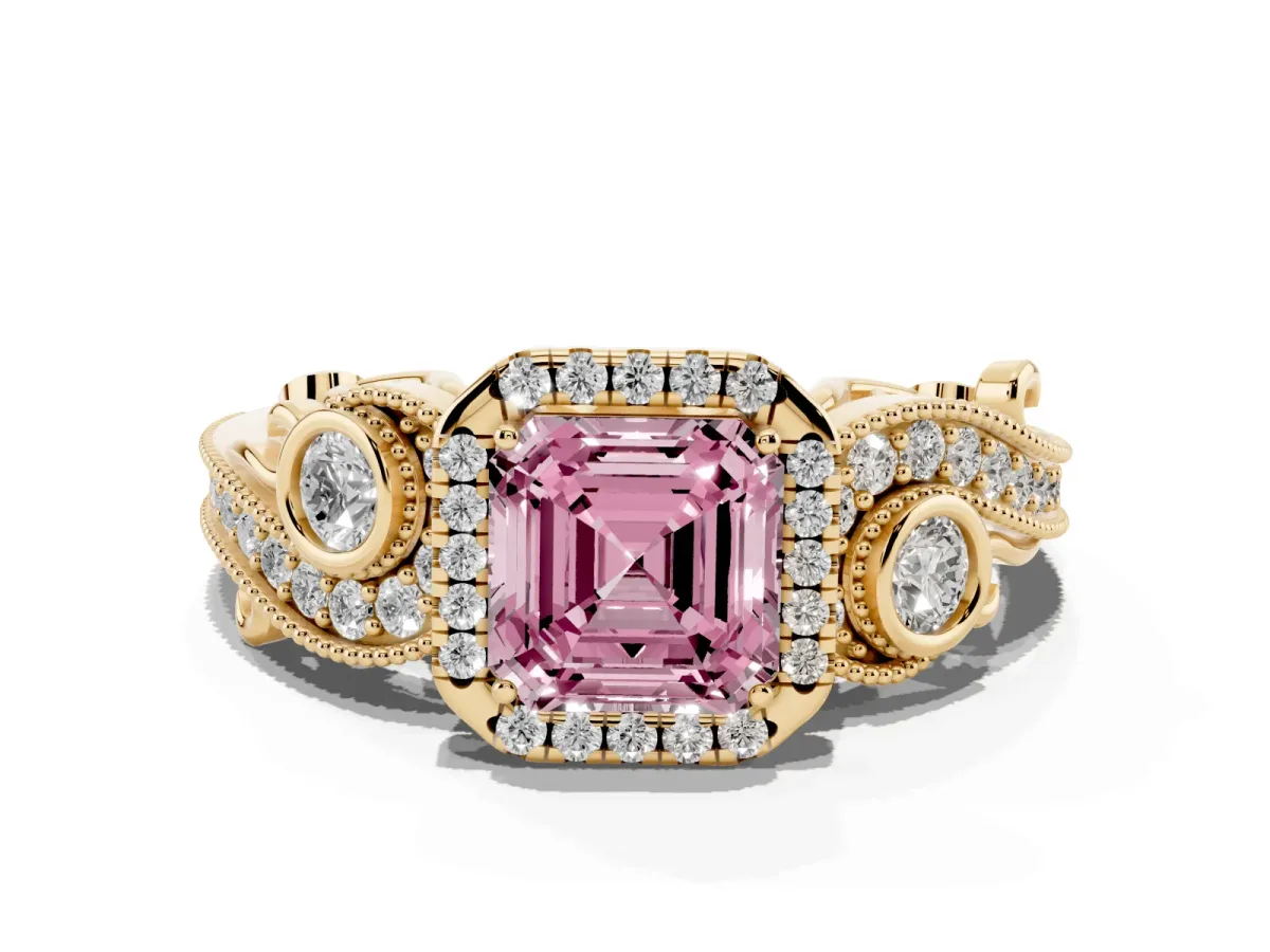 Fancy Pink Asscher Cut Halo Diamond Ring with Milgrain and Bezel Accents on a Split Shank Band Yellow gold
