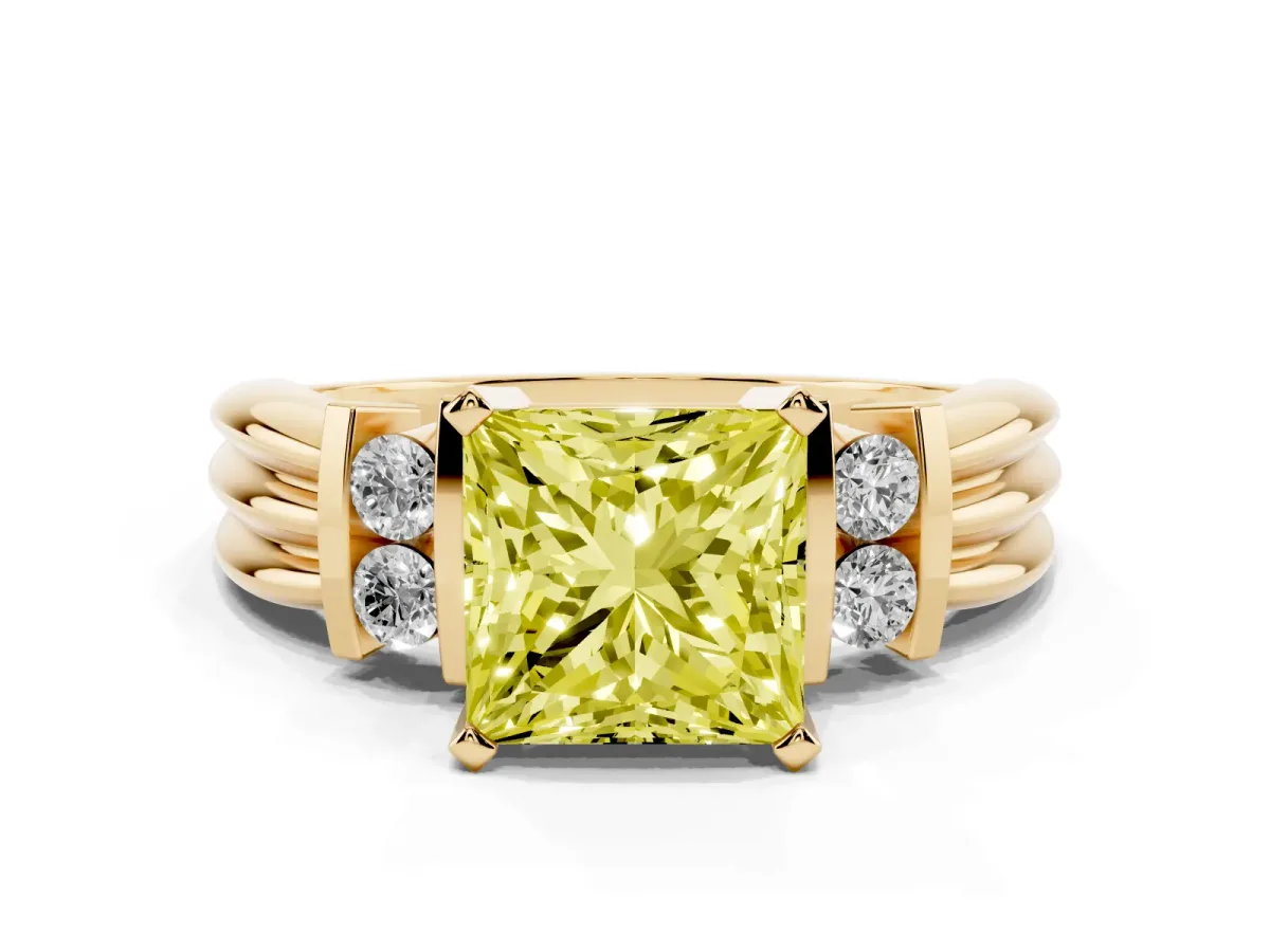 Fancy Yellow Princess Cut Cut Three-Stone Channel Set Ring with Bar Prongs Yellow gold