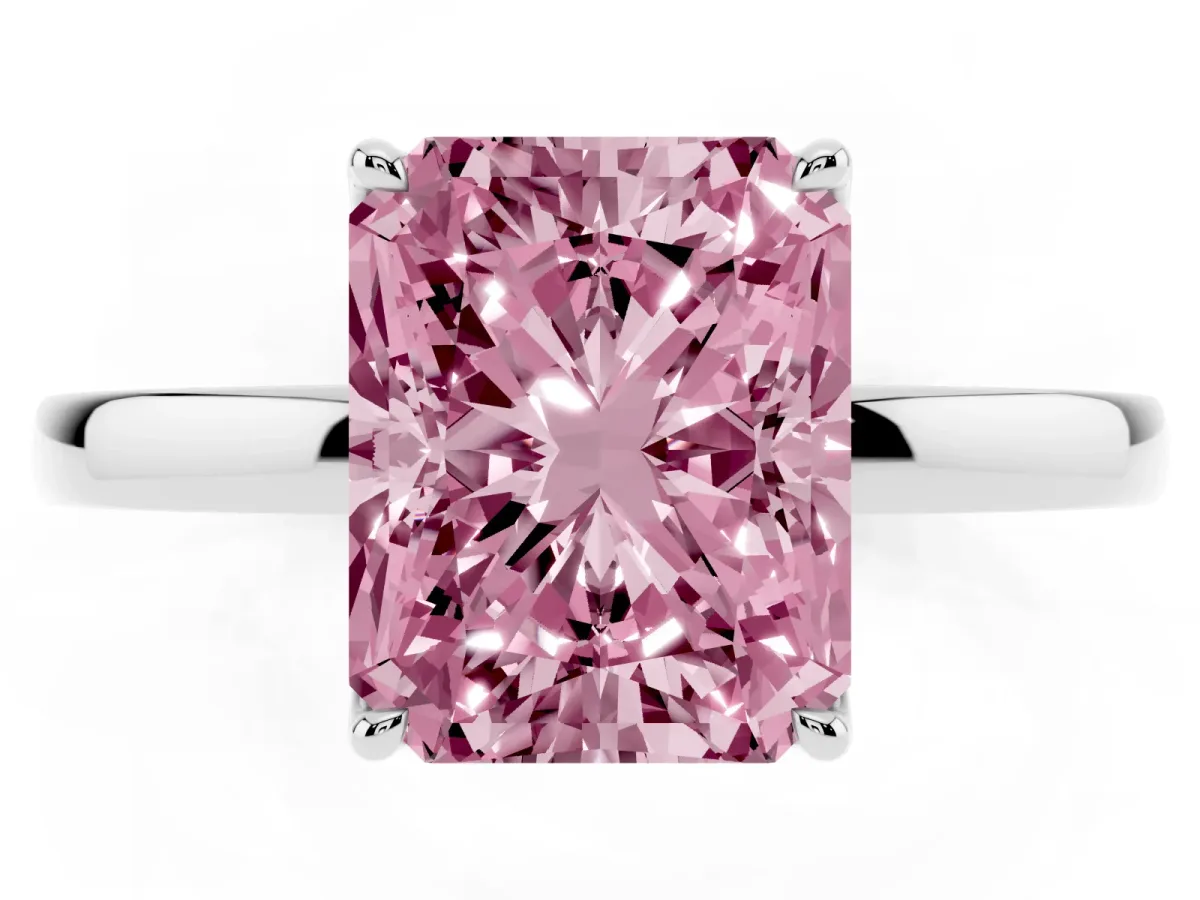 Fancy Pink Radiant Cut Diamond Solitaire Ring with Thin Band and Prong Setting White gold