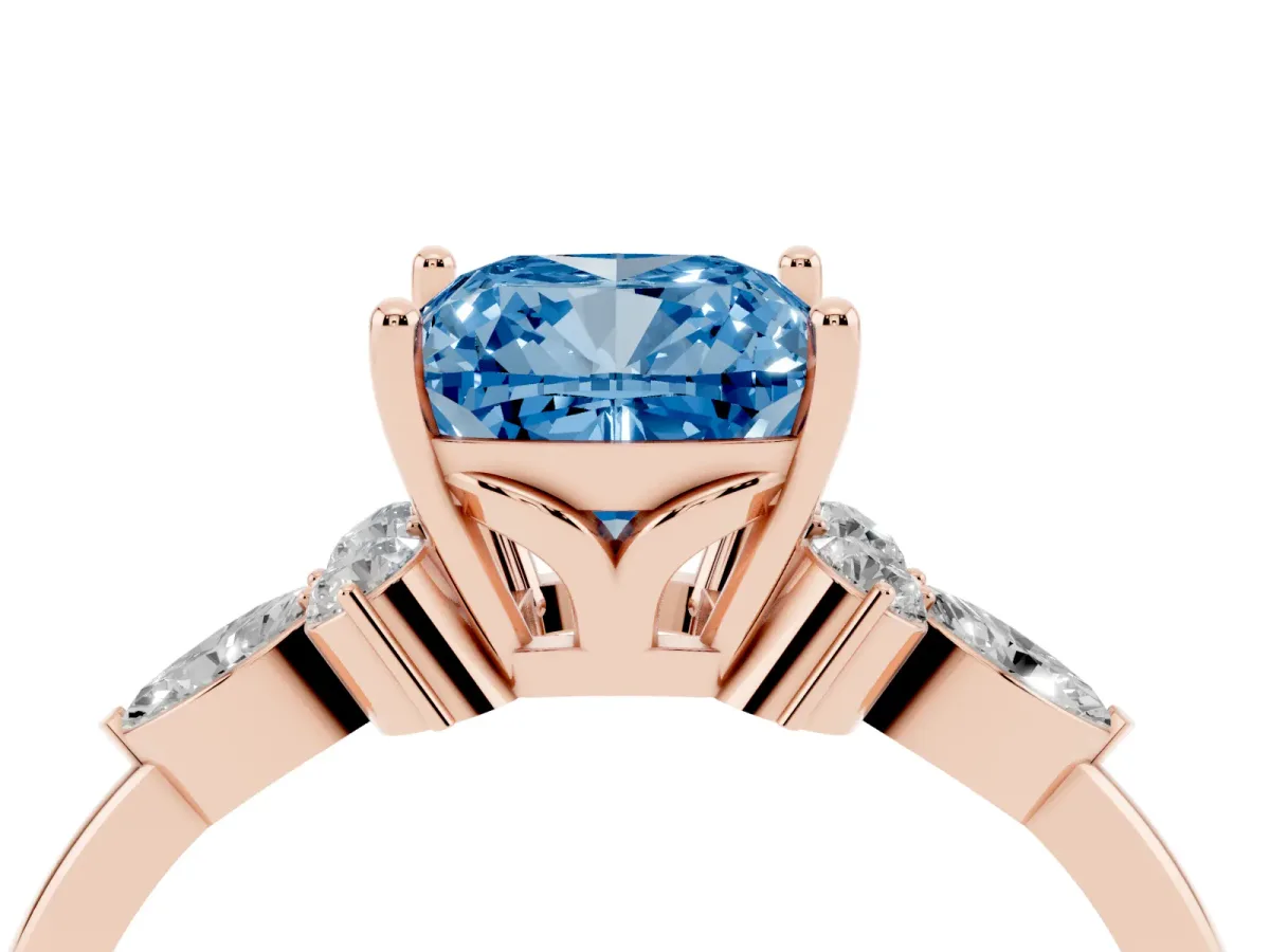 Fancy Blue Cushion Cut Brilliant Diamond Solitaire Ring with Pear Side Stones and Four-Prong Setting Rose gold