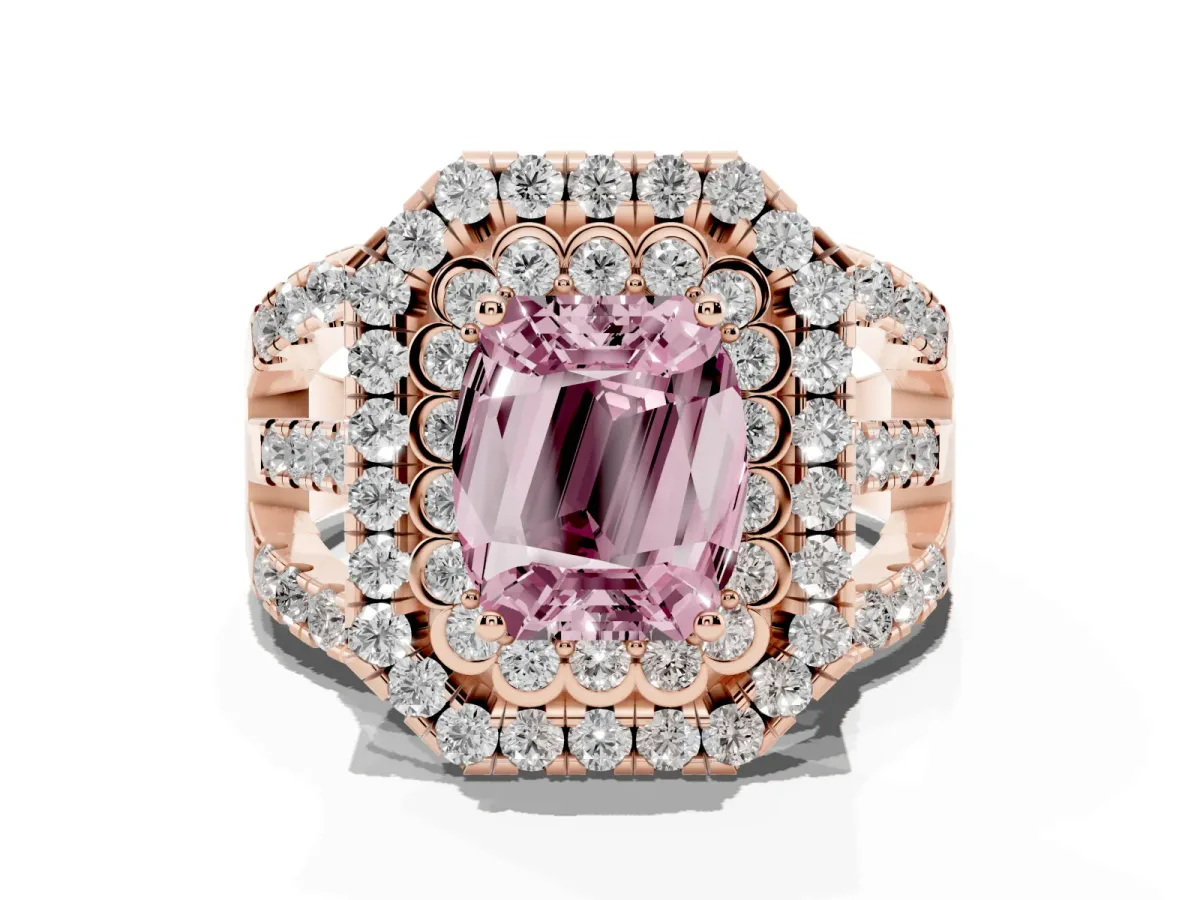 Fancy Pink Emerald Cut Diamond Double Halo Ring with Round Pavé Split Shank and Prong Setting Rose gold