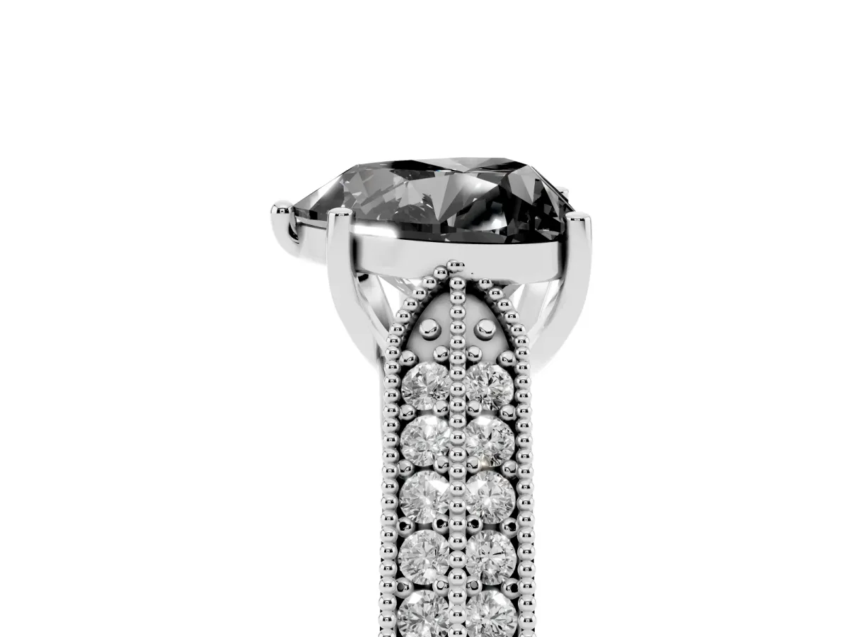 Fancy Black Heart Cut Cut Pave Split Shank Engagement Ring with Four-Prong Setting White gold