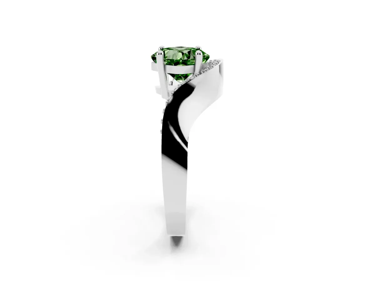 Fancy Green Cushion Cut Solitaire Diamond Engagement Ring with Pave Band and Four-Prong Setting White gold