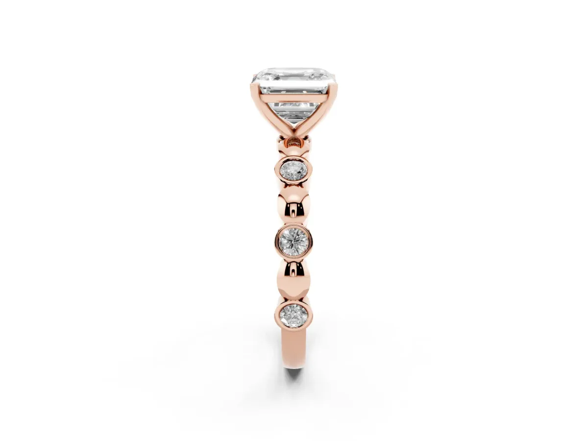 Asscher Cut Solitaire Bezel-Set Diamond Ring with Beaded Band and Four-Prong Setting Rose gold