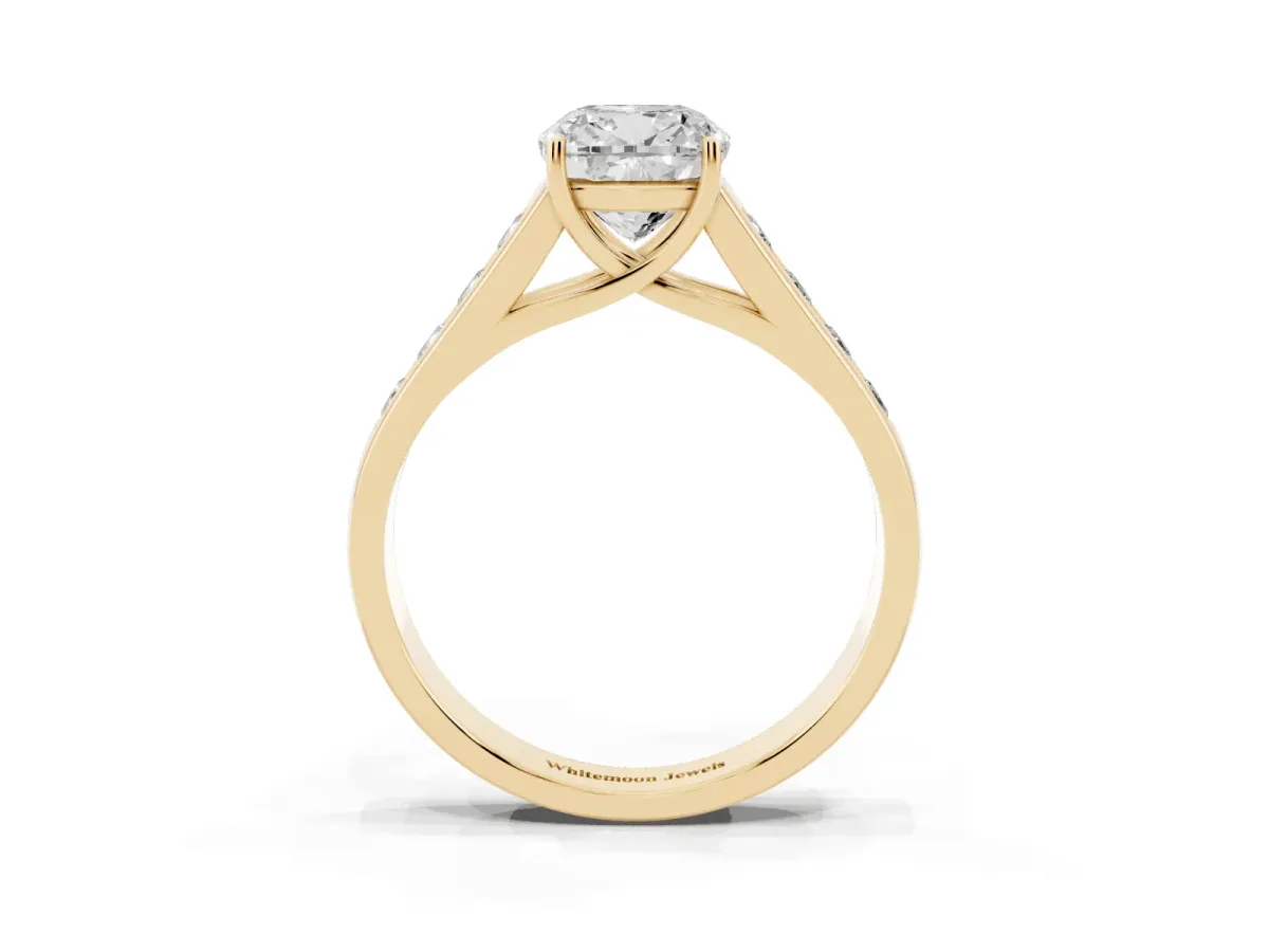 Cushion Cut Solitaire Channel-Set Diamond Engagement Ring with Four-Prong Setting Yellow gold
