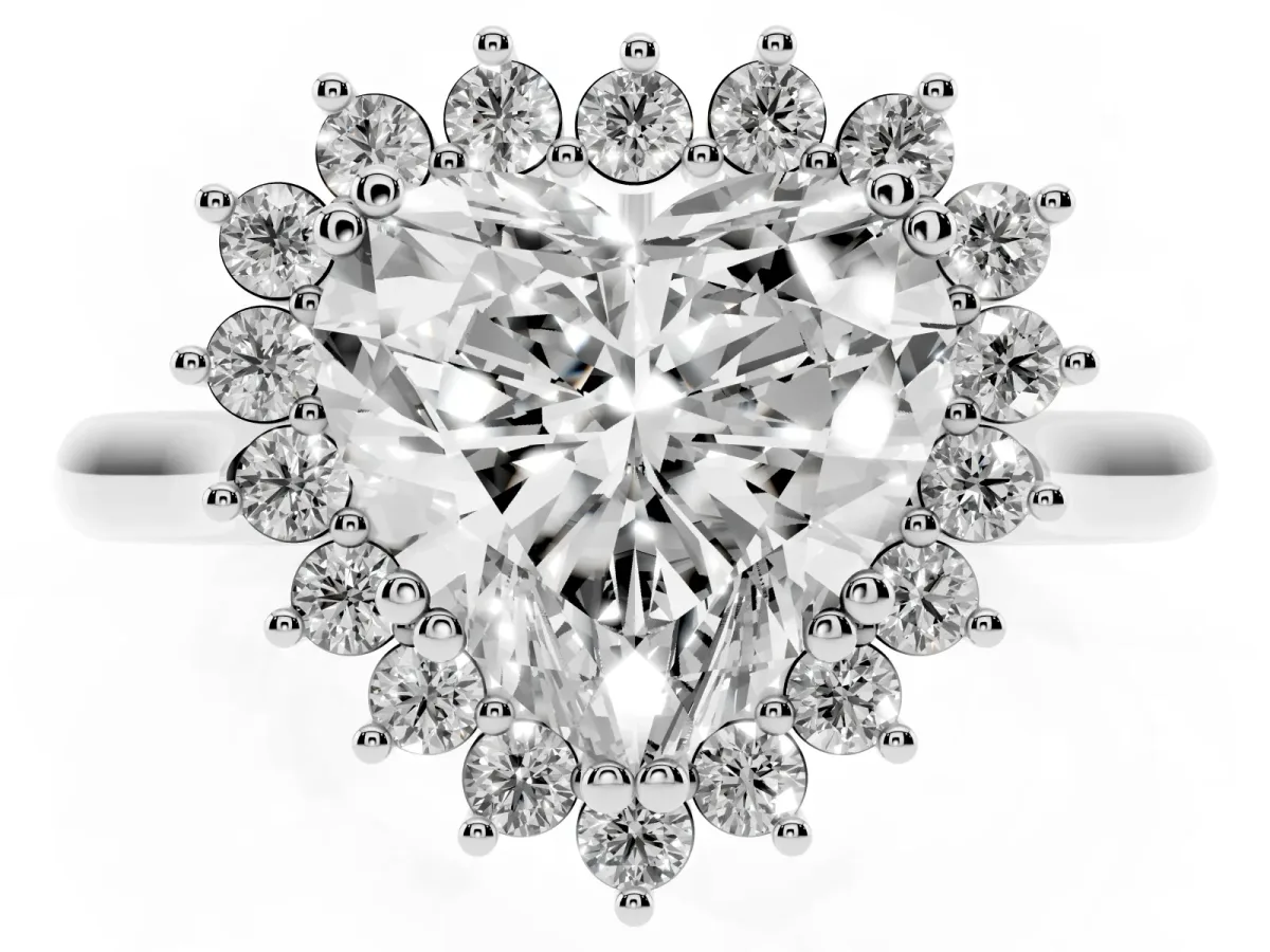 Heart Cut Cut Diamond Halo Ring with Solitaire Band and Prong Setting Silver