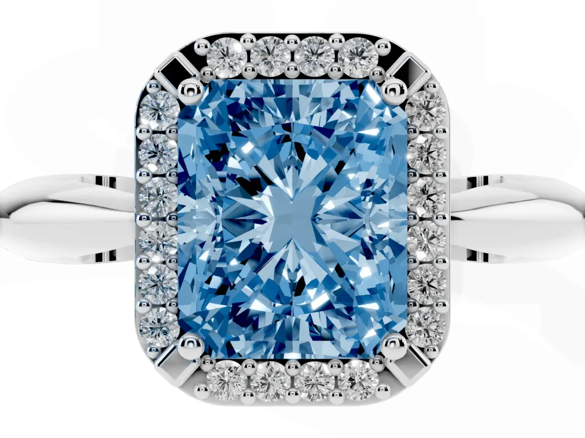 Fancy Blue Radiant Cut Cut Diamond Halo Engagement Ring with Split Shank and Four-Prong Setting Silver