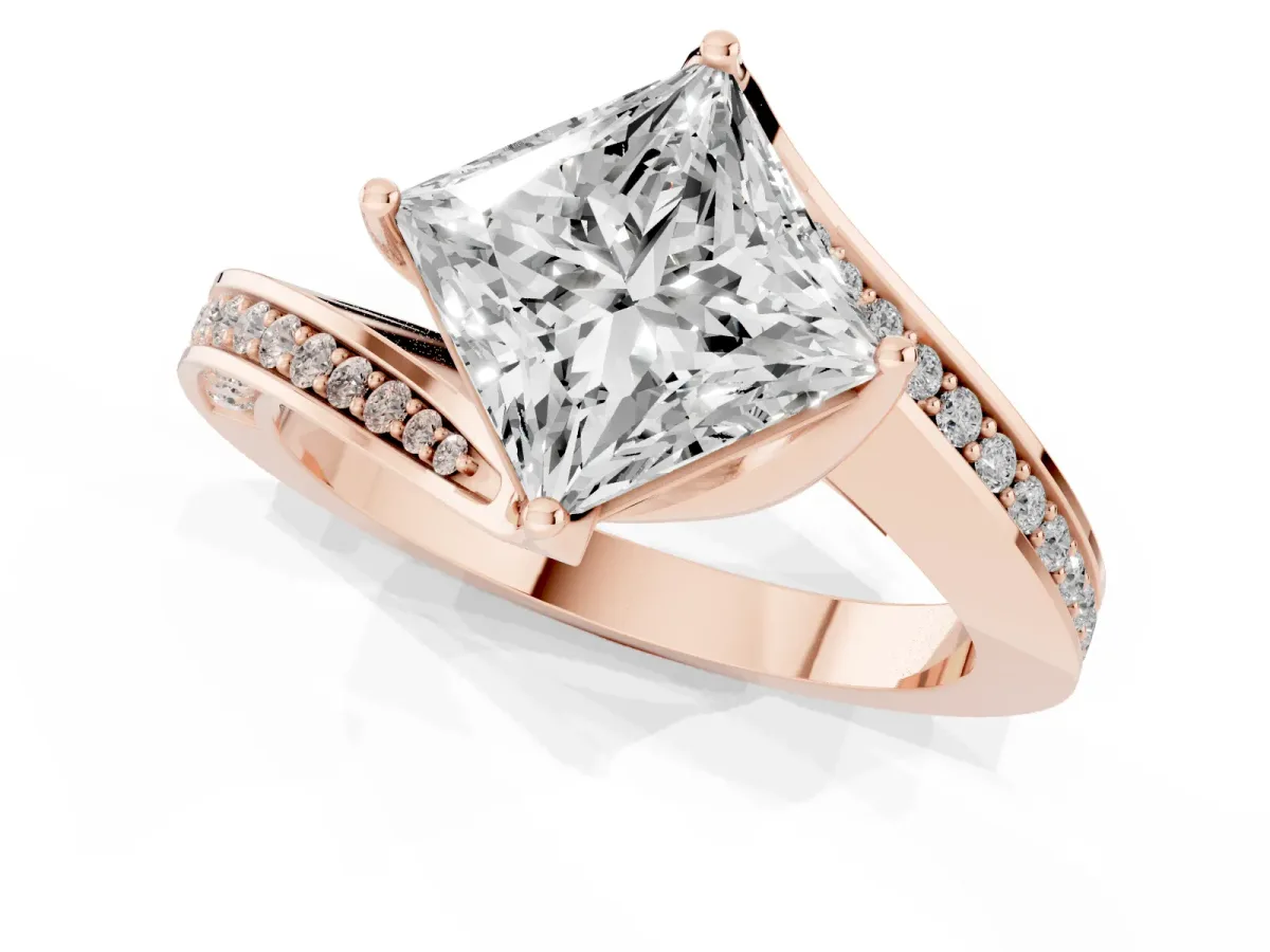 Princess Cut Solitaire Diamond Twist Band with Pavé Setting and Four-Prong Setting Rose gold