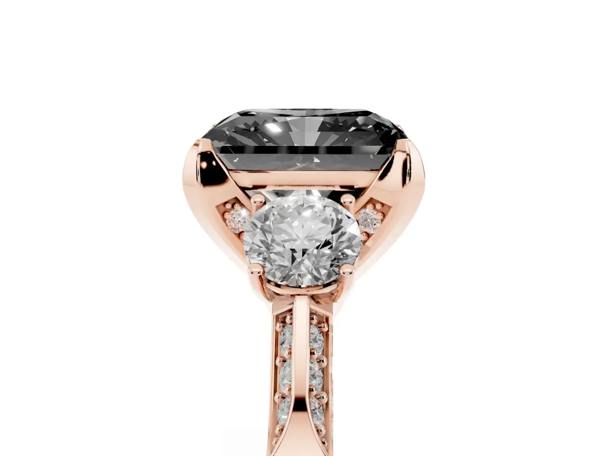 Fancy Black Radiant Cut Brilliant Three-Stone Diamond Ring with Pavé Band and Four-Prong Setting Rose gold