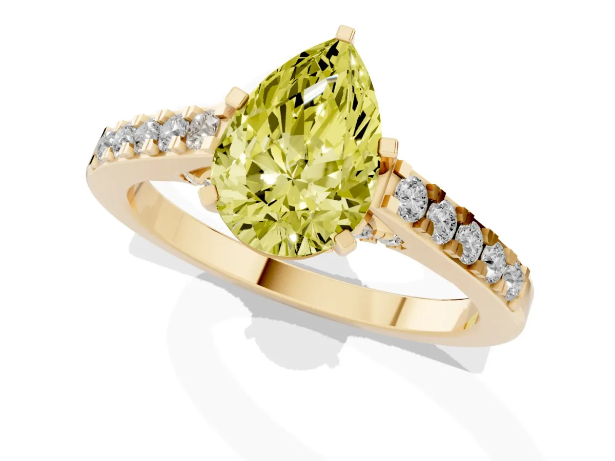 Fancy Yellow Pear Cut Diamond Solitaire Ring with Crossover Gallery and Round Pavé Band Yellow gold