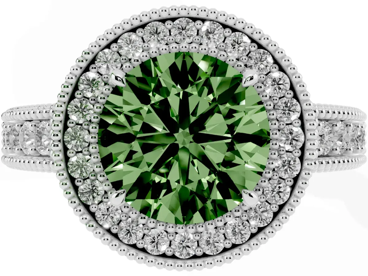 Fancy Green Round Cut Cut Halo Diamond Ring with Pavé Band and Four-Prong Setting Platinum