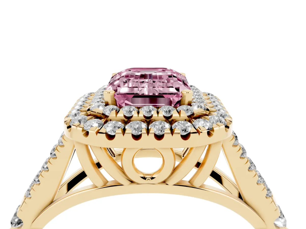 Fancy Pink Emerald Cut Diamond Pavé Split Shank Double Halo Engagement Ring Yellow gold