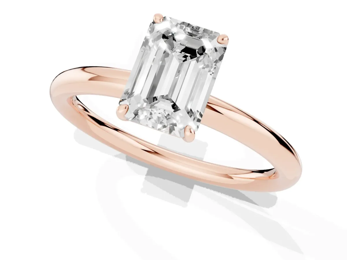 Emerald Cut Solitaire Diamond Ring with Four-Prong Setting on a Plain Band Rose gold