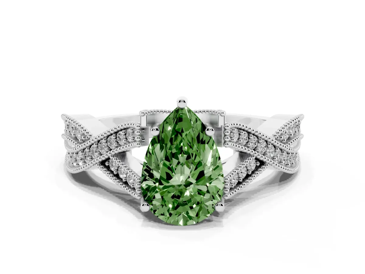 Fancy Green Pear Cut Cut Diamond Twisted Band with Milgrain Pave Setting and Four-Prong Setting Silver