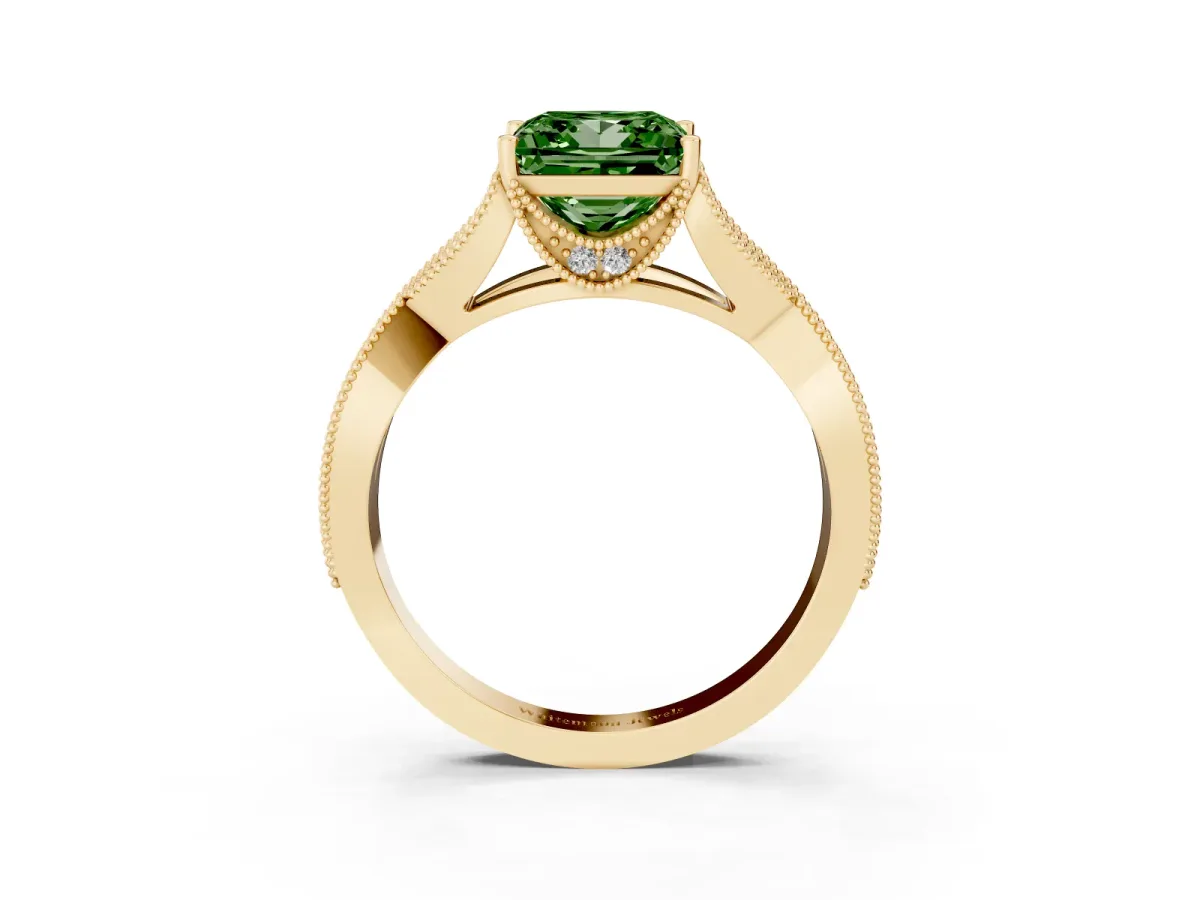 Fancy Green Princess Cut Cut Diamond Twisted Band with Milgrain Pave Setting and Four-Prong Setting Yellow gold