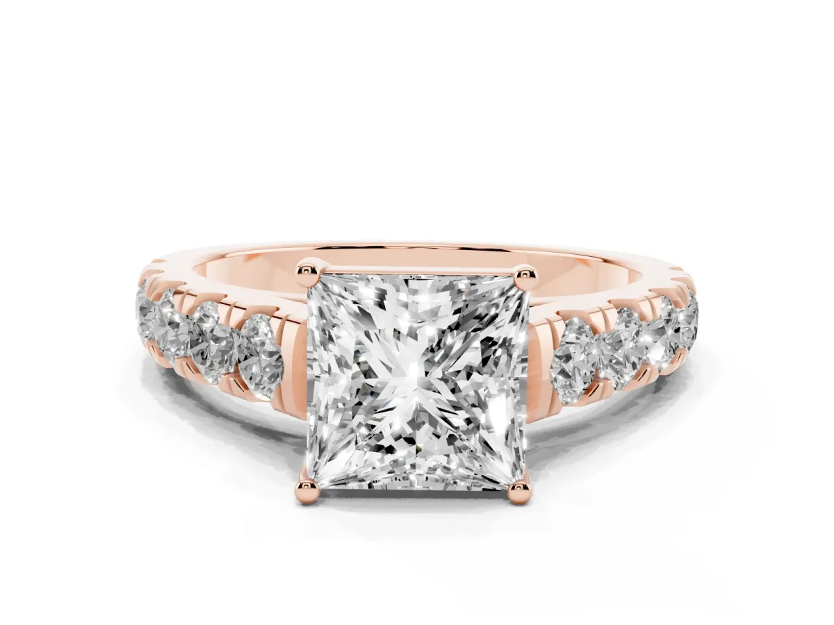 Princess Cut Cut Diamond Solitaire Ring with Micro Pave Band and Prong Setting Rose gold