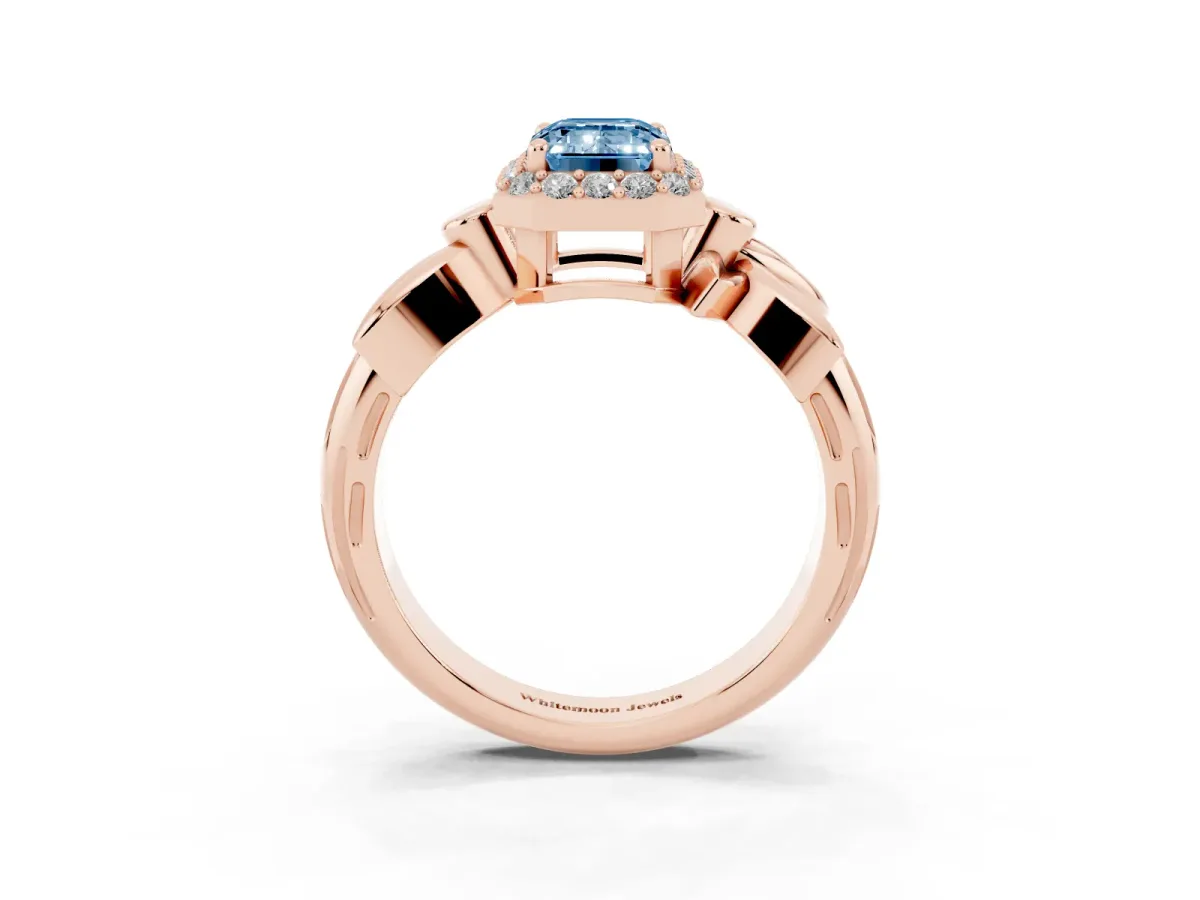 Fancy Blue Emerald Cut Halo Diamond Floral Band with Four-Prong Setting Rose gold