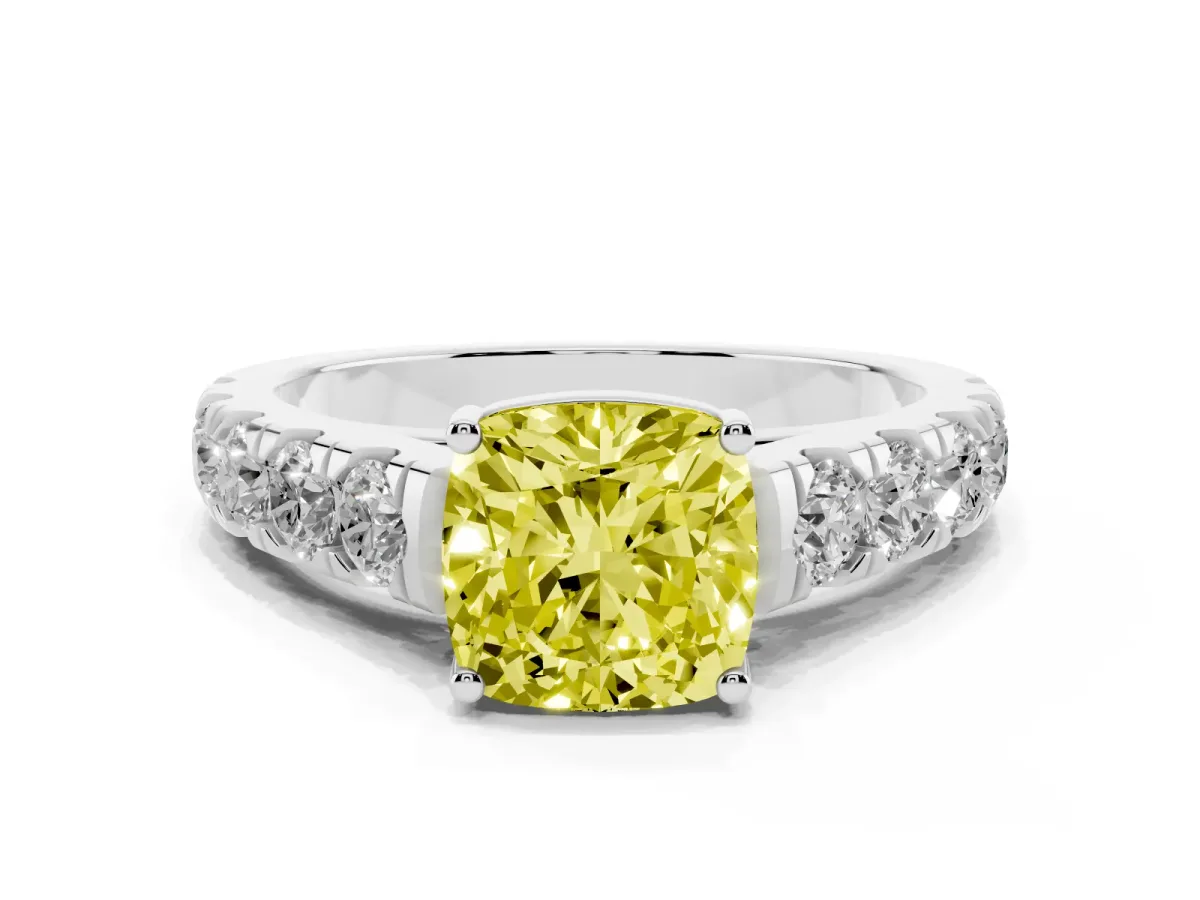 Fancy Yellow Cushion Cut Cut Diamond Solitaire Ring with Micro Pave Band and Prong Setting Silver