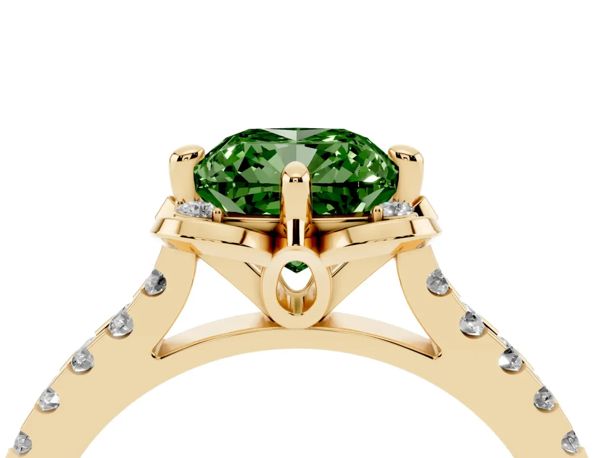 Fancy Green Cushion Cut Diamond Ring with Pavé Band and Floral Prong Setting Yellow gold