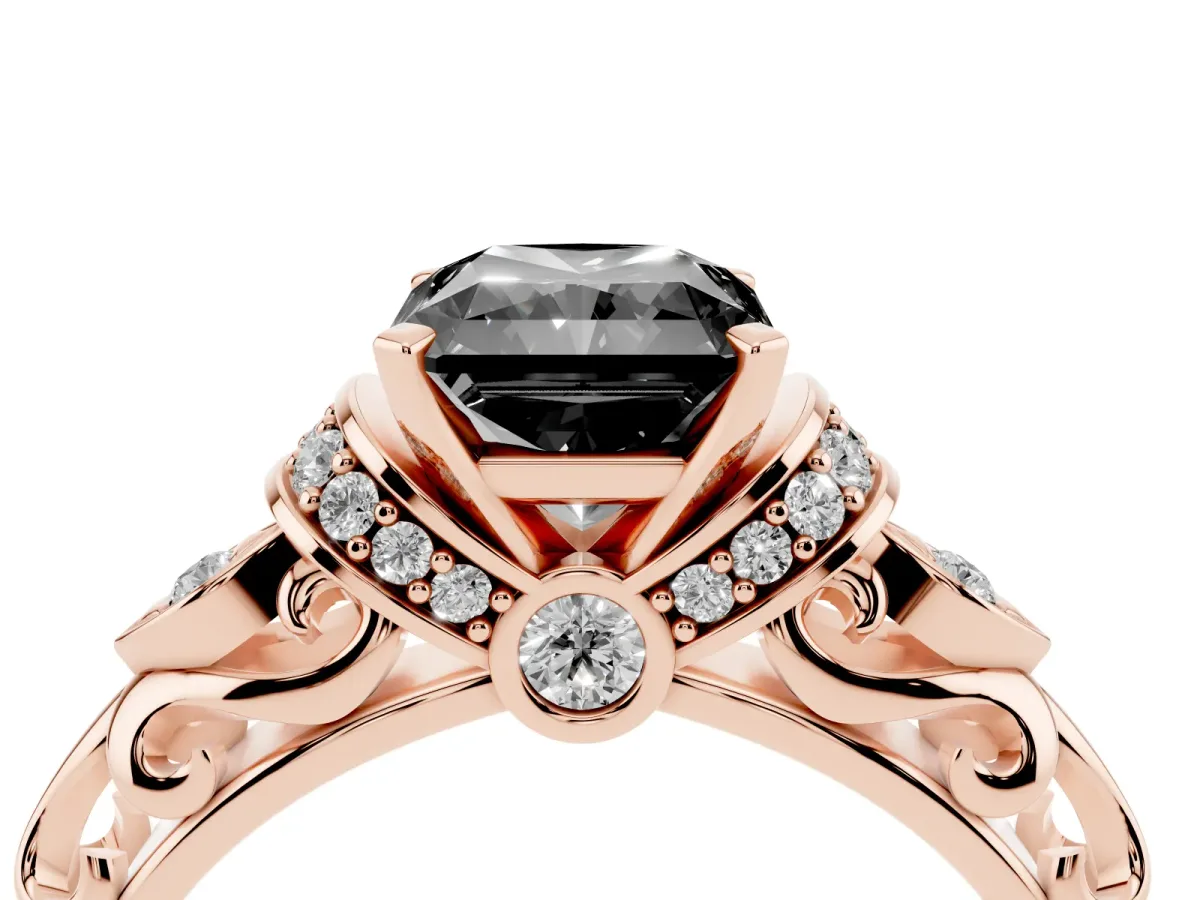 Fancy Black Radiant Cut Diamond Solitaire Ring with Filigree Band and Four-Prong Setting Rose gold
